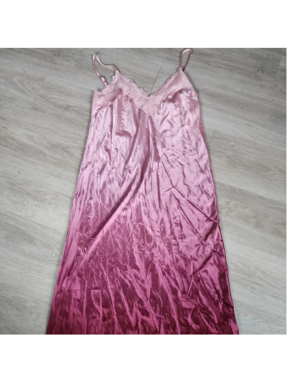 Pink satin slip dress with lace trim and adjustable straps, bedtime #slip #linge